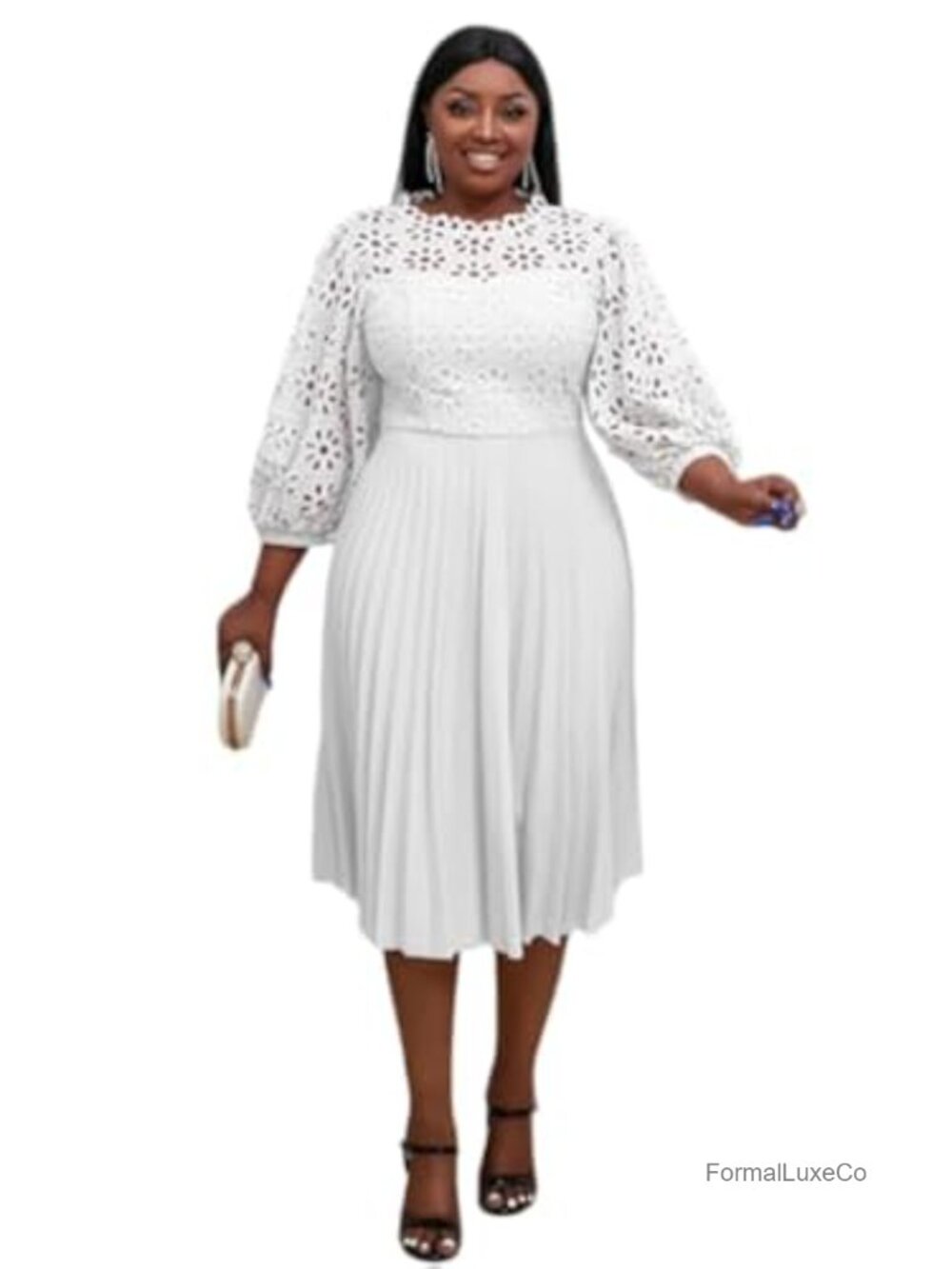 Elegant Lace Patchwork A-Line Midi Pleated Hollow Out Lantern Sleeve Dress